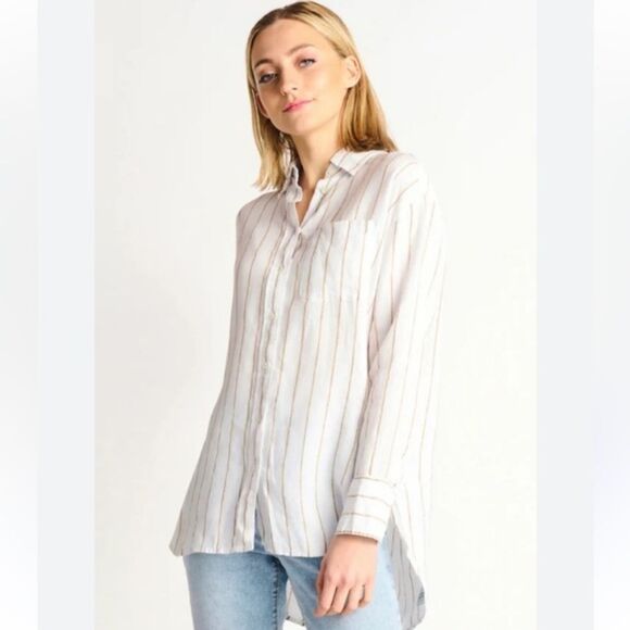 HALSTON 100% Linen Button Down Collared Casual Striped Long Sleeve Shirt M - Picture 1 of 1